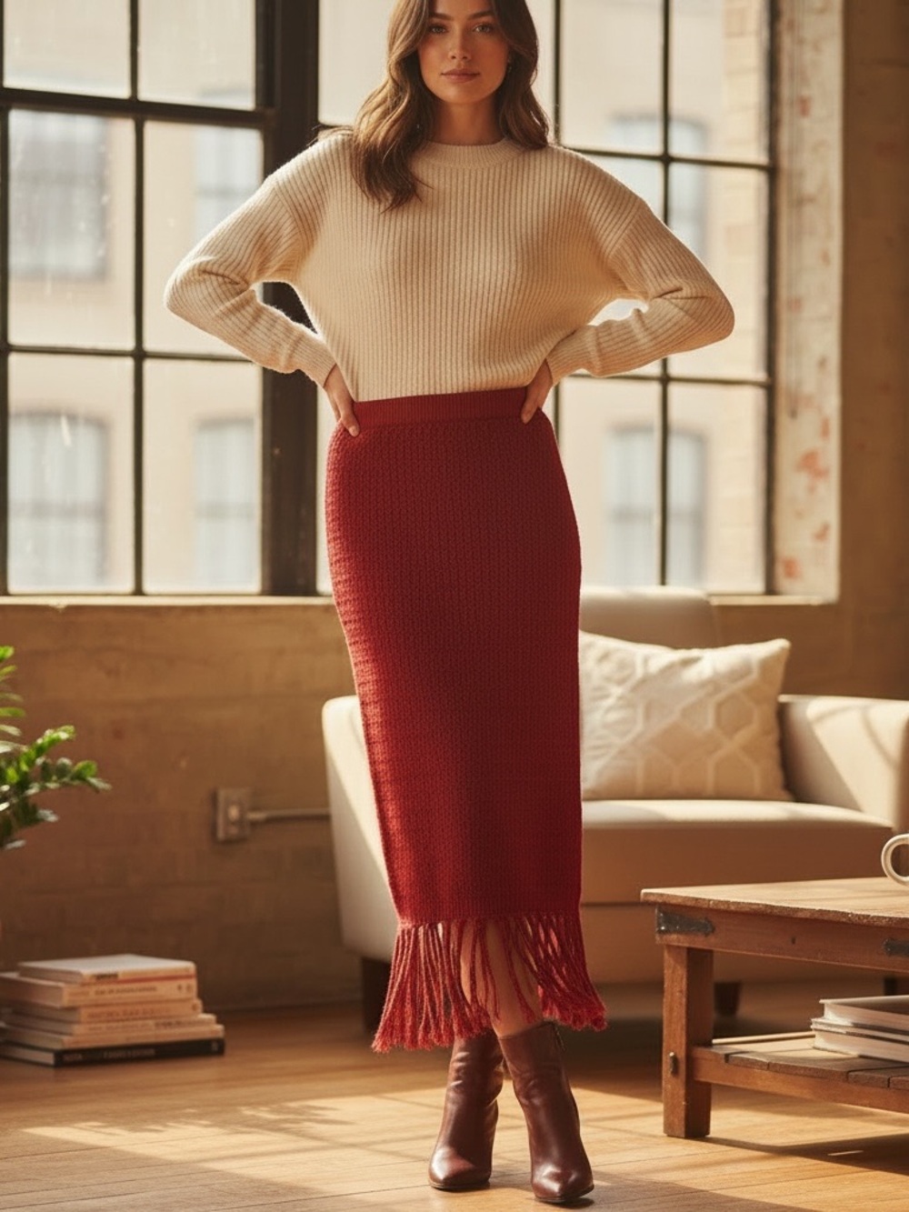 Freshman 1996 Fringe Hem Red Knit Maxi Skirt